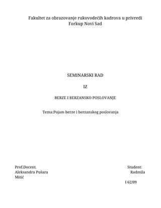 Pojam berze i berzanskog poslovanja