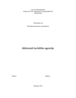 Menadzment turizma i ugostiteljstva – Aktivnosti turističke agencije