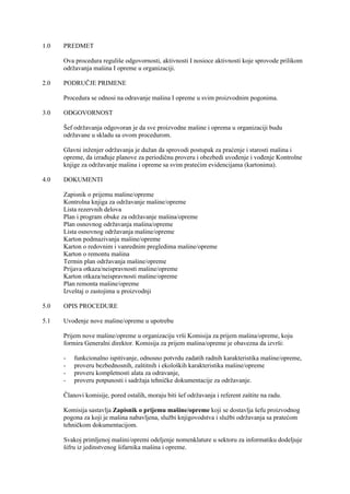 Odrzavanje masina – Procedura