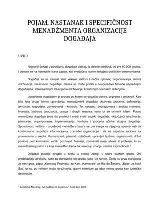 Pojam, nastanak i specifičnost menadžmenta organizacije događaja
