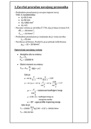 Završni proračun navojnog prenosnika