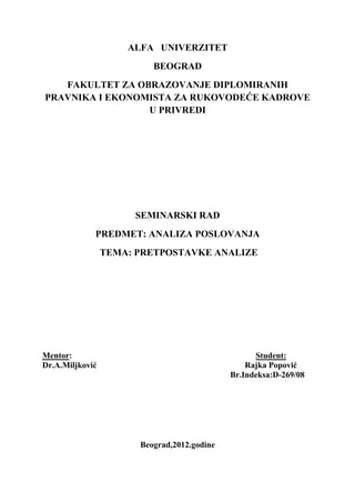 Analiza poslovanja – Pretpostavka analize
