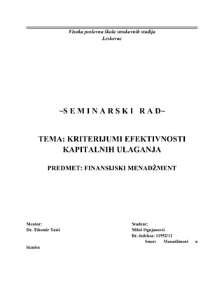 Kriterijumi efektivnosti kapitalnih ulaganja