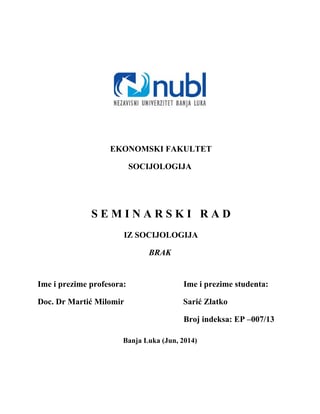 Brak: seminarski rad iz sociologije