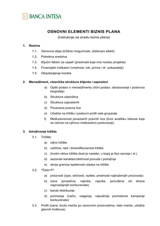 Biznis plan instrukcija za Banca Intesu