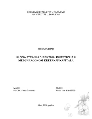 Uloga direktnih stranih investicija u međunarodnom kretanju kapitala
