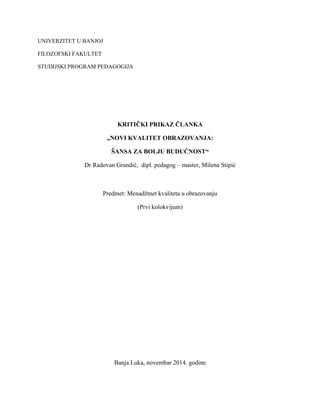 Kritički prikaz članka: Novi kvalitet obrazovanja – šansa za bolju budućnost