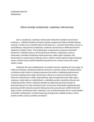 Odnos izmedju socijalizacije, vaspitanja i obrazovanja