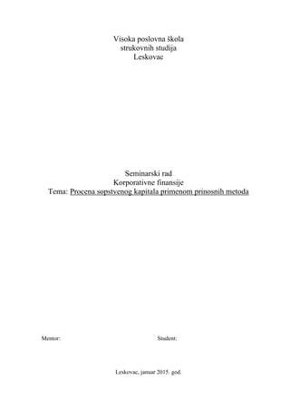 Procena sopstvenog kapitala primenom prinosnih meteda