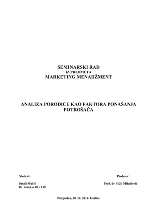 Analiza porodice kao faktora ponašanja potrošača
