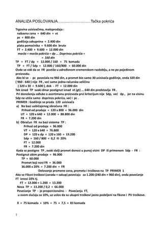Analiza poslovanja – Tačka pokrića