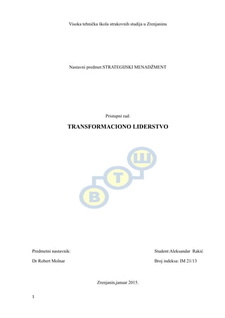 Transformaciono liderstvo-Strategijski menadzment