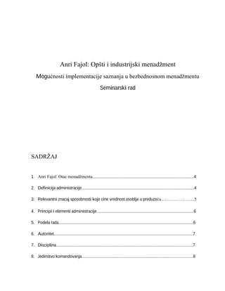 Anri Fajol: Opšti i industrijski menadžment Mogućnosti implementacije saznanja u bezbednosnom menadžmentu