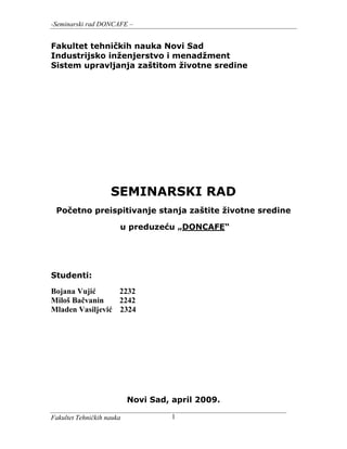 Početno preispitivanje stanja zaštite životne sredine  u preduzeću DONCAFE
