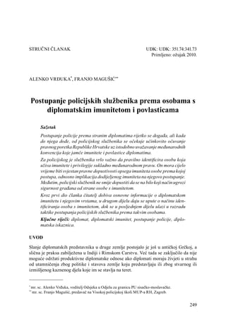 Postupanje policijskih službenika prema osobama sa diplomatskim imunitetom i povlasticama