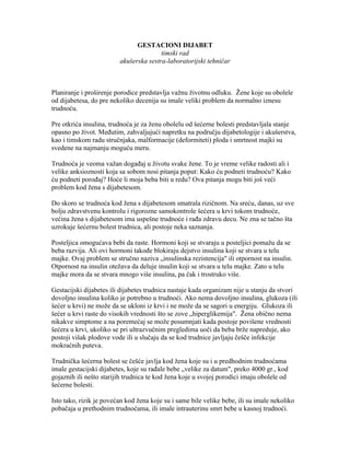 Gestacioni dijabetes – Timski rad akušerska sestra-laboratorijski tehničar