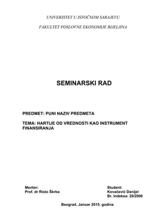 Hartije od vrednosti kao istrument finansiranja