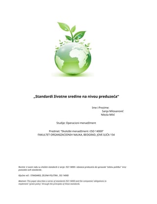Standardi životne sredine na nivou preduzeća: analiza ISO 14000