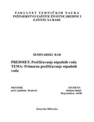 Primarno prečišćavanje otpadnih  voda