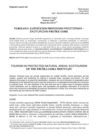 Turizam u zasticenim prostorima, ekoturizam Fruske gore