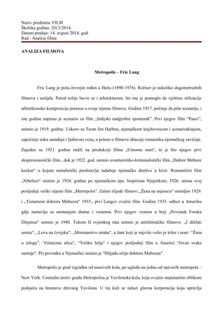Analza filmova Metropolis – Fric Lang