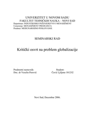 Kritički osvrt na problem globalizacije
