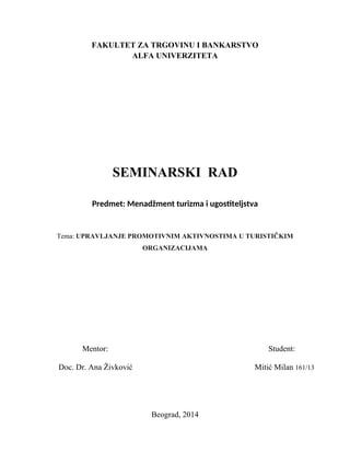 Upravljanje promotivnim aktivnostima u turističkim organizacijama