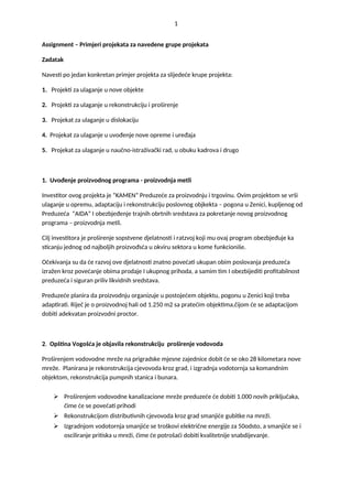 Primjeri prokekata za navedene  grupe projekata