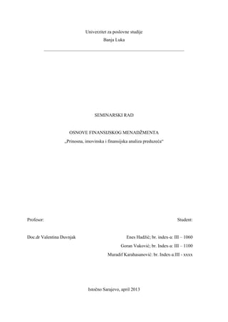 Prinosna, imovinska i finansijska analiza preduzeća
