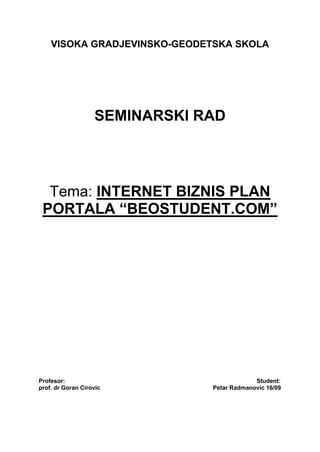 Internet biznis plan portala “BEOSTUDENT.COM”