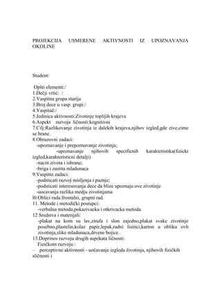Projekcja usmerene aktivnosti iz upoznavanja okoline – Zivotinje toplijih krajeva