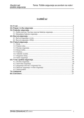 Trziste osiguranja sa osvrtom na vrste i podele osiguranja