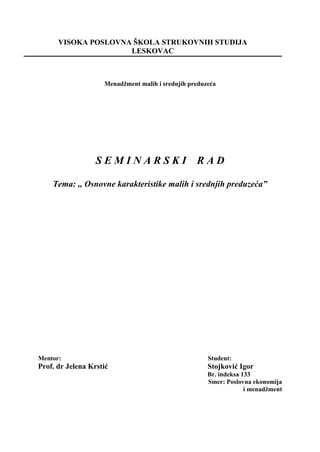 Osnovne karakteristike malih i srednjih preduzeca