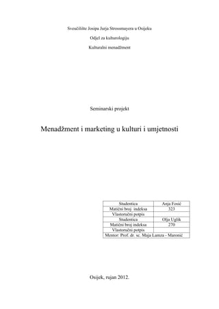 Menadžment i marketing u kulturi i umjetnosti