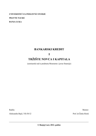 Bankarski kredit i trziste novca i kapitala