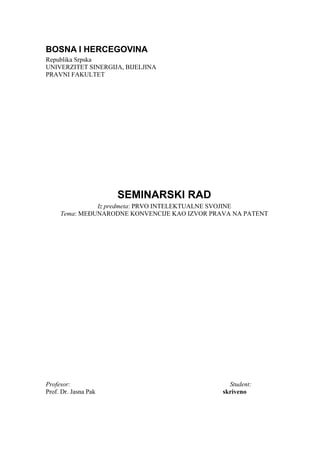 Međunarodne konvencije kao izvor prava na patent