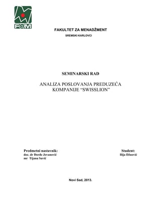 Analiza poslovanja kompanije “Swisslion”