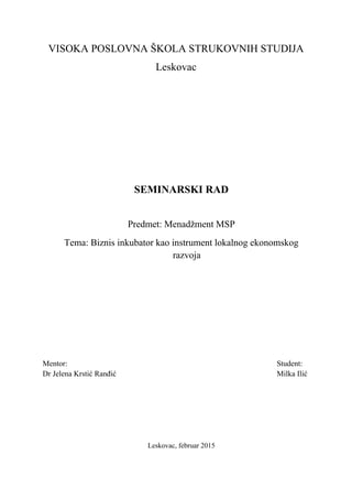 Biznis inkubator kao instrument lokalnog ekonomskog razvoja