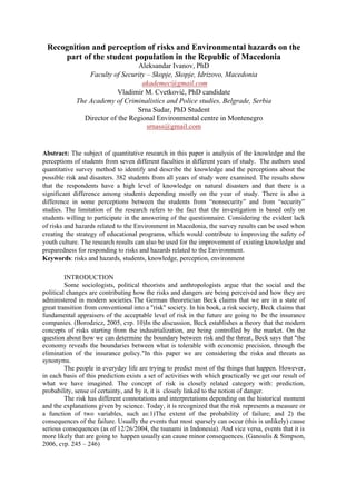 Recognition and perception of risks and Environmental hazards on the part of the student population in the Republic of Macedonia