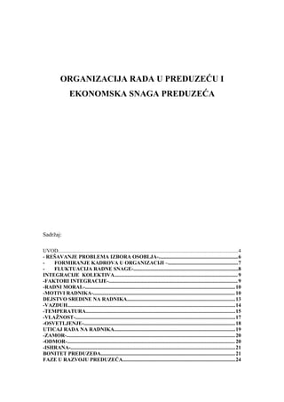 Organizacija rada u preduzeću i ekonomska snaga preduzeća