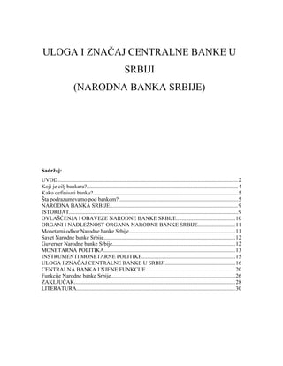 Uloga i značaj centrane bankeu Srbiji – Narodna banka Srbije