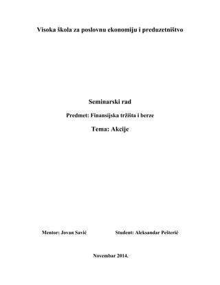 Akcije: seminarski rad iz finansijskih tržišta i berzi