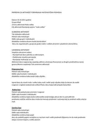 Priprema za aktivnost matematičkih pojmova