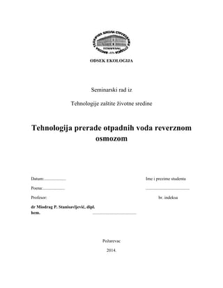 Tehnologija prerade otpadnih voda reverznom osmozom