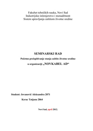 Početno preispitivanje stanja zaštite životne sredine  u organizaciji „NOVKABEL AD“