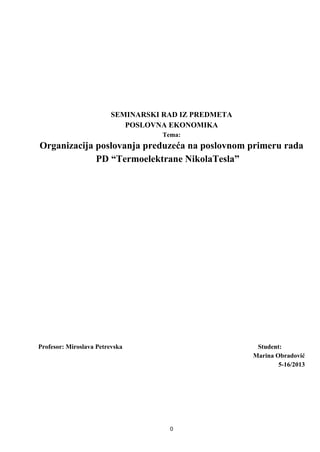 Organizacija poslovanja preduzeća na poslovnom primeru rada PD “Termoelektrane NikolaTesla”