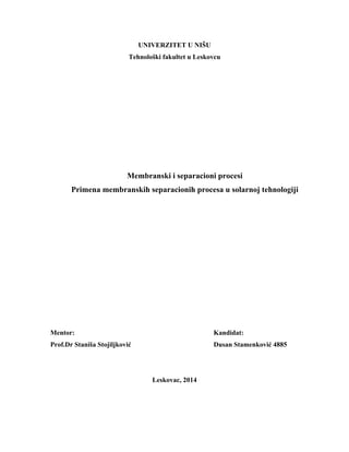 Primena membranskih separacionih procesa u solarnoj tehnologiji