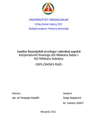 Analiza finansijskih izveštaja i određeni aspekti korporativnih finansija AD Mlekara Šabac