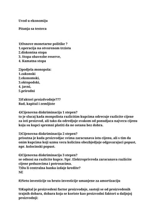 Uvod u ekonomiju – PITANJA SA TESTA