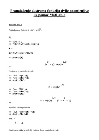 Pronalaženje ekstrema funkcija dvije promjenjive  uz pomoć  MatLab-a